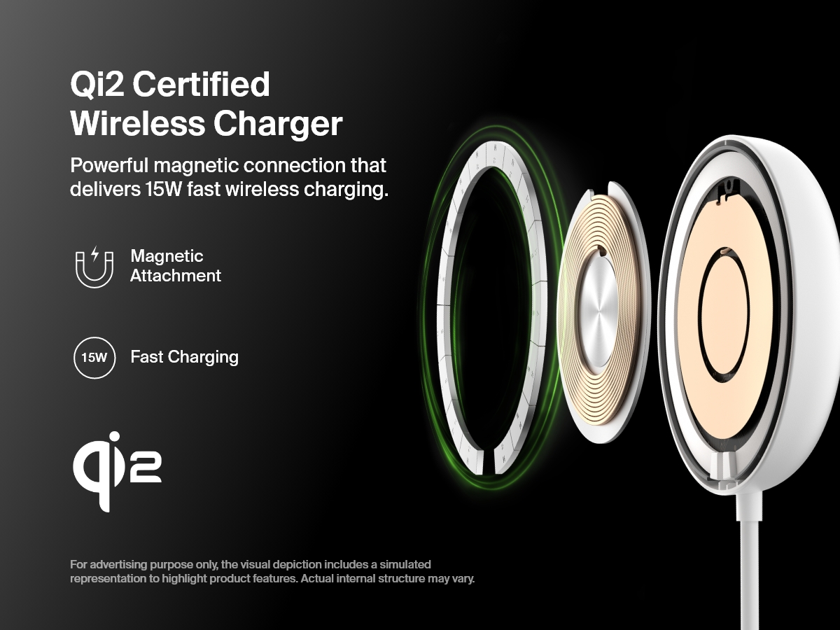 An exploded view of a white Belkin BoostCharge Pro Magnetic Wireless Charging Pad with Qi2 15W illustrates its internal components and highlights its Qi2 certification, 15W fast charging capability, and strong magnetic attachment.