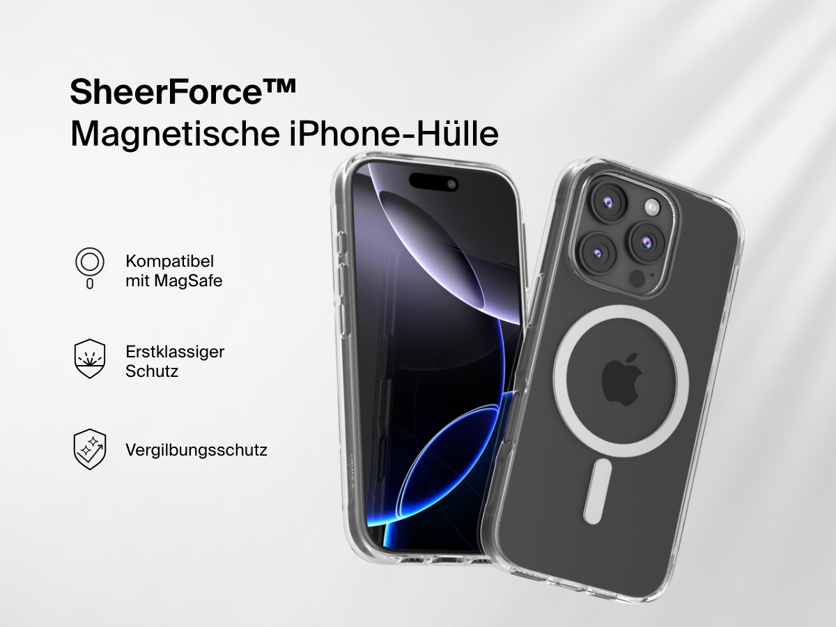 A promotional image of the SheerForce&trade; Magnetic iPhone Case, featuring a clear, MagSafe-compatible design. The case offers anti-yellowing technology and superior protection while maintaining the sleek look of the iPhone. The image highlights key features with icons, including MagSafe compatibility, durability, and long-lasting clarity.