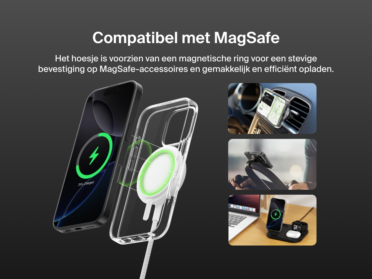 A promotional image showcasing the SheerForce&trade; Magnetic iPhone Case's MagSafe compatibility. The image highlights how the case securely attaches to MagSafe accessories, including car mounts, phone stands, and wireless charging docks, ensuring a seamless and efficient charging experience. The transparent case features a built-in magnetic ring for a strong connection to MagSafe-enabled devices.