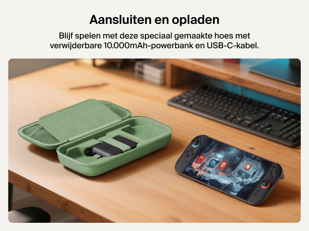 Belkin Gaming Charging Case for Nintendo Switch 2 displayed open with detachable 10,000 mAh power bank and USB-C cable, next to a Switch 2 console in use on a desk.