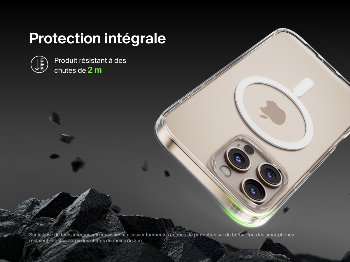 A SheerForce&trade; Magnetic iPhone Case falling onto a rocky surface, emphasizing its 2-meter drop protection. The text highlights the case's durability and ability to withstand drops from up to 2 meters, based on internal drop tests on concrete. The image conveys a rugged, protective design, ensuring enhanced impact resistance for your iPhone.