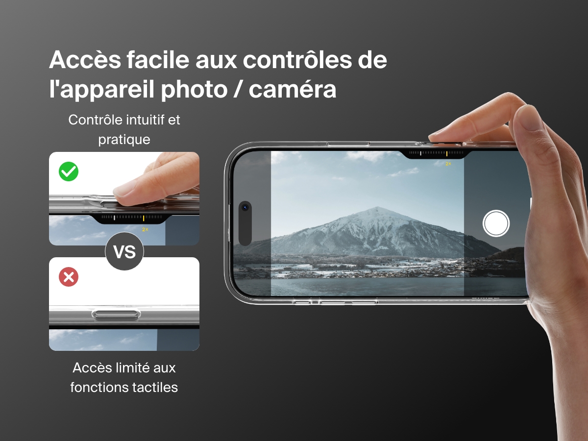 A demonstration of the SheerForce&trade; Magnetic iPhone Case's easy access to camera controls. The image compares the case&rsquo;s intuitive and convenient control with a competitor&rsquo;s design that limits touch functions and access. A hand is shown adjusting the camera zoom smoothly, highlighting the case's precise cutouts for an uninterrupted user experience.
