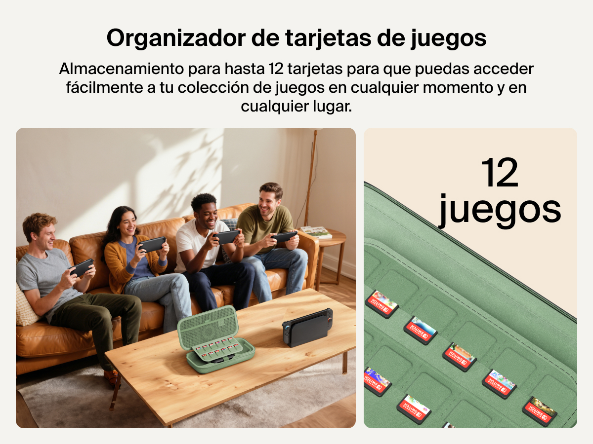 Four friends play on Nintendo Switch 2 consoles while the Belkin Gaming Charging Case sits open on the table, highlighting its built-in sleeve that securely stores up to 12 game cards.