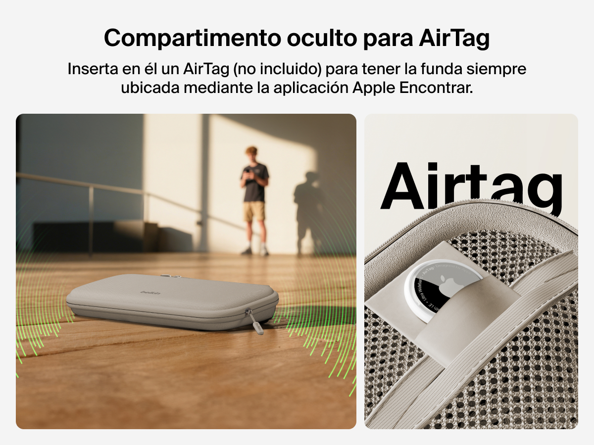 Belkin Gaming Travel Case for Nintendo Switch 2 shown with a hidden AirTag compartment, allowing tracking via Apple Find My (AirTag not included).