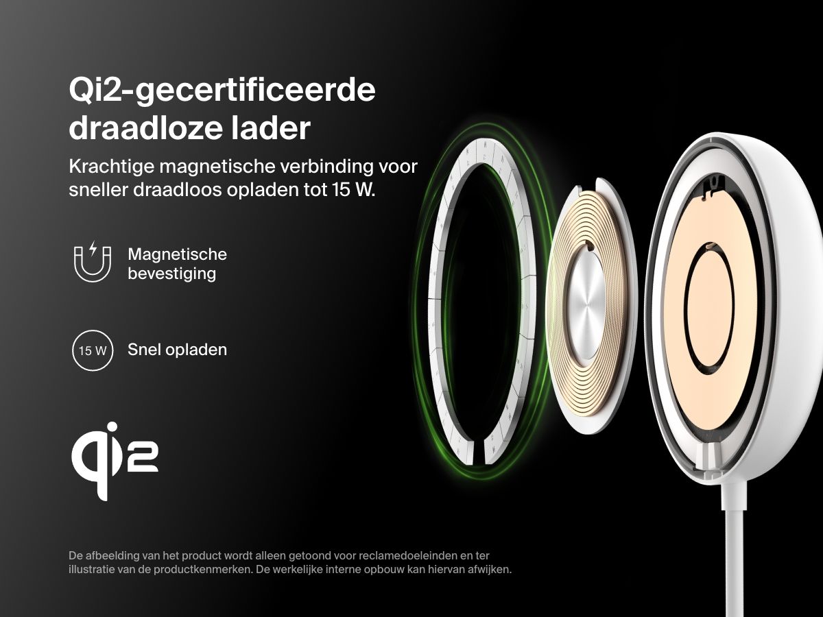 Een explosieweergave van het witte Belkin BoostCharge Pro magnetische draadloze laadstation met Qi2 (15 W) ter illustratie van de interne componenten en de Qi2-certificering, oplaadmogelijkheid met 15 W en de krachtige bevestiging met magneten.