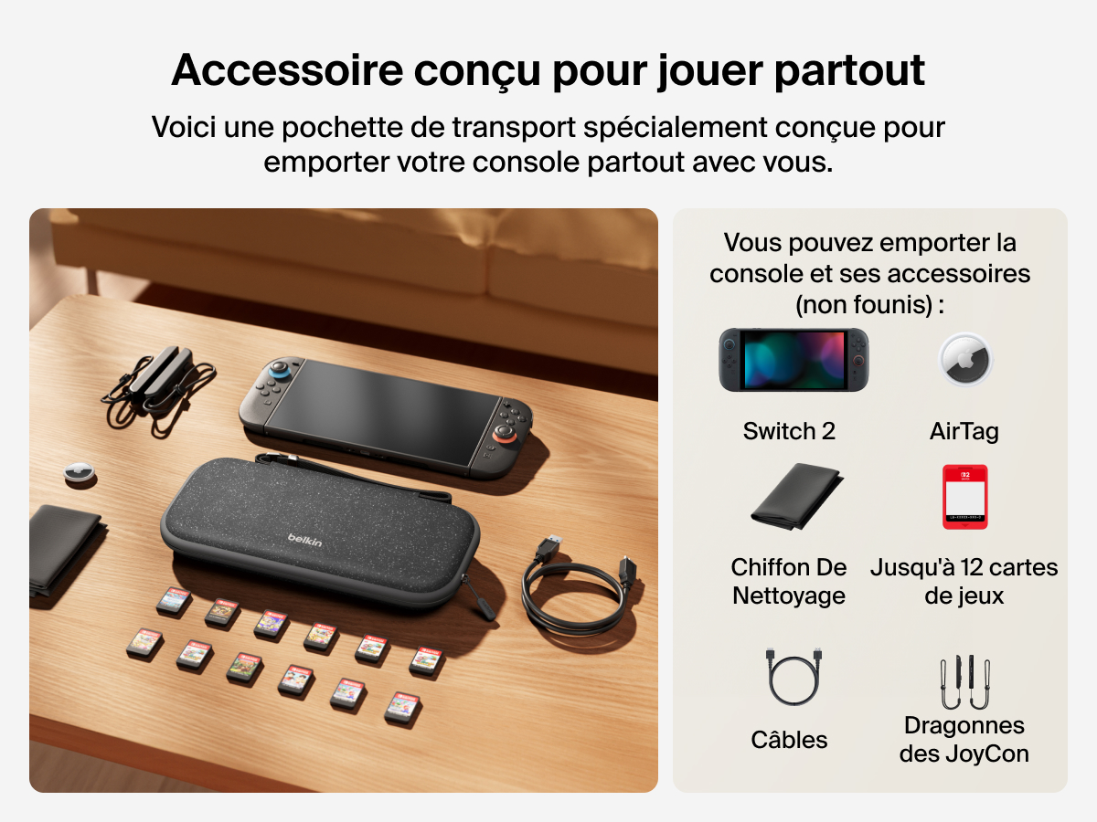 La pochette de transport Belkin Gaming pour Nintendo&nbsp;Switch&nbsp;2 pos&eacute;e sur une table &agrave; c&ocirc;t&eacute; d'accessoires tels que cartes de jeux, c&acirc;bles, manettes JoyCon, AiTag et chiffon de nettoyage (tous vendus s&eacute;parement).