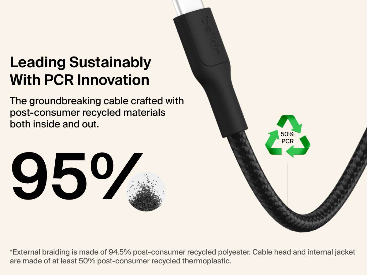 Belkin Gaming USB-C to USB-C Cable 60W for Nintendo Switch 2 is sustainably made with up to 95% post-consumer recycled materials, including braided polyester and thermoplastic components.