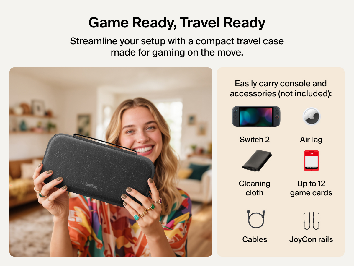 Smiling woman holds the Belkin Gaming Charging Case for Nintendo Switch 2, a compact travel case designed to carry your console and accessories like game cards, cables, JoyCon rails, and AirTag (not included).