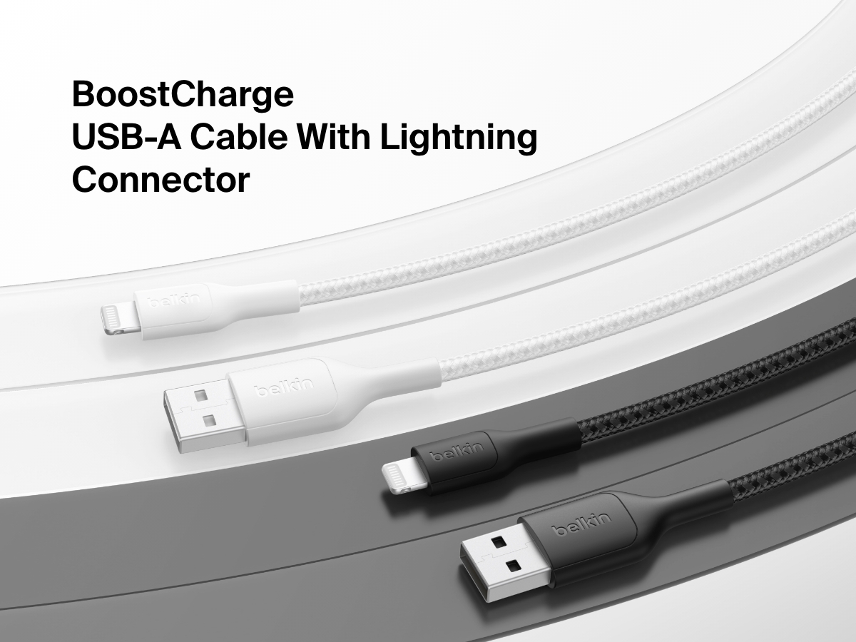 Image showing two Belkin BoostCharge Braided USB-A Cables with Lightning Connectors in white and black, designed for fast charging and durability with MFi certification.