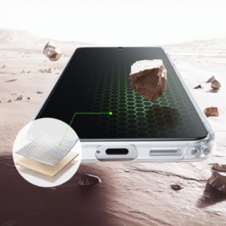 Smartphone screen with a glowing hexagonal pattern demonstrating Nano-Titan Technology, showing a layered material inset and rocks suspended above to illustrate enhanced strength and impact protection.