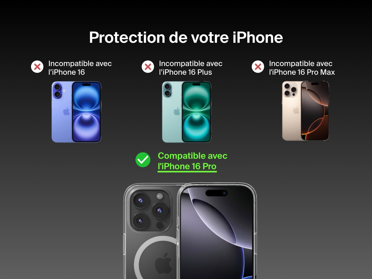 A compatibility guide for the SheerForce&trade; Magnetic iPhone Case. The image highlights that the case is compatible with iPhone 16 (marked with a green check), but not compatible with the iPhone 16 Plus, iPhone 16 Pro, or iPhone 16 Pro Max (each marked with a red X). Different iPhone models are displayed to visually indicate compatibility limitations.