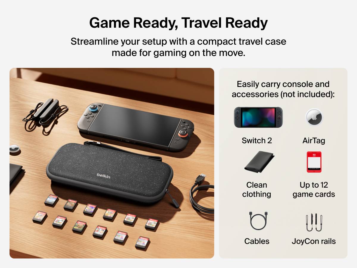 Belkin Gaming Travel Case for Nintendo Switch 2 displayed on a table with compatible accessories including game cards, cables, JoyCon rails, AirTag, and cleaning cloth (all sold separately).