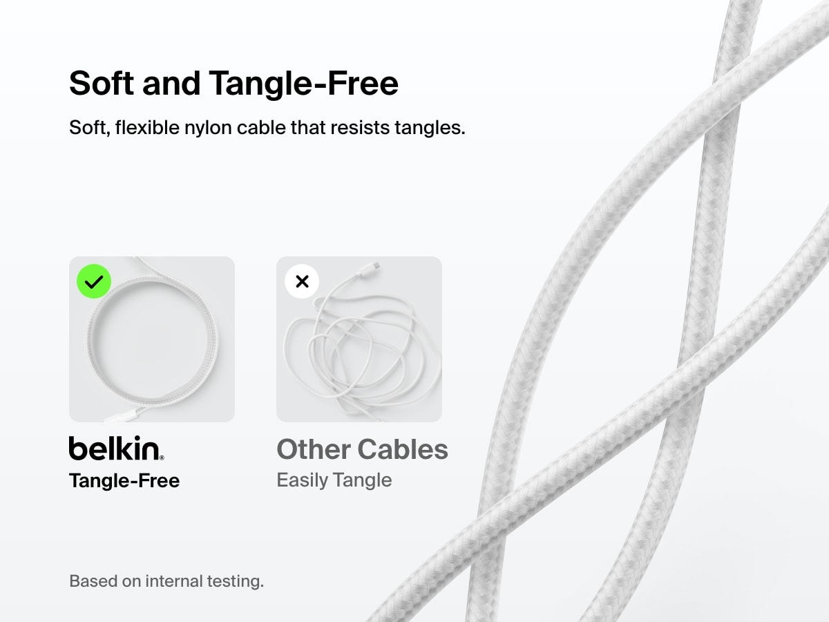 Belkin BoostCharge Pro USB-C Braided Cable with Lightning Connector features a soft, flexible nylon exterior designed to resist tangling for easy everyday use.