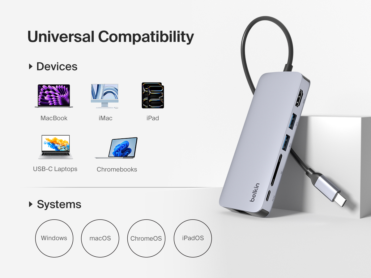 Belkin Connect USB-C 6-in-1 Multiport Hub(Belkin Connect USB-C 6-in-1 멀티포트 허브)는 MacBook, iMac, iPad, USB-C 노트북, Chromebook 등의 기기와 Windows, macOS, ChromeOS, iPadOS 등의 운영 체제와의 범용 호환성을 나타내는 아이콘과 함께 표시됩니다.