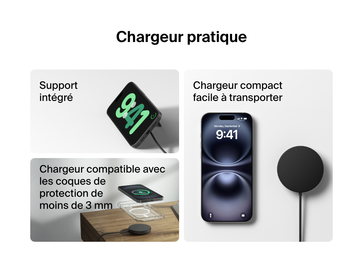 Image d'une station de recharge sans fil noire Belkin BoostCharge Pro avec Qi2 (15&nbsp;W) et qui met en avant les diff&eacute;rents types d&rsquo;utilisations, son support int&eacute;gr&eacute;, son design compact et sa compatibilit&eacute; avec les coques de protections de moins de 3&nbsp;mm d&rsquo;&eacute;paisseur.