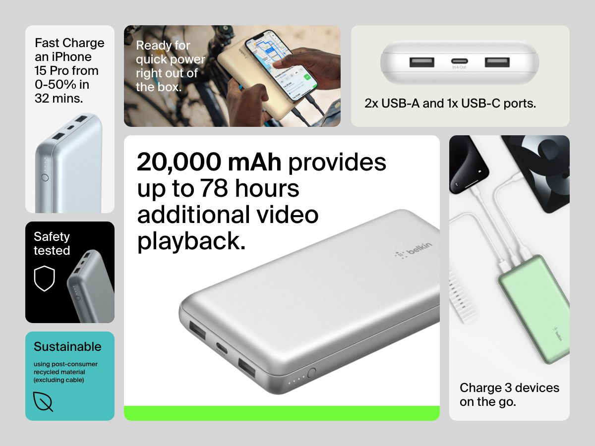 The Belkin BoostCharge Power Bank 20K is shown in multiple use cases and colors, highlighting its 20,000 mAh capacity, ability to charge three devices at once, fast charging for iPhone 15 Pro, and use of recycled materials.