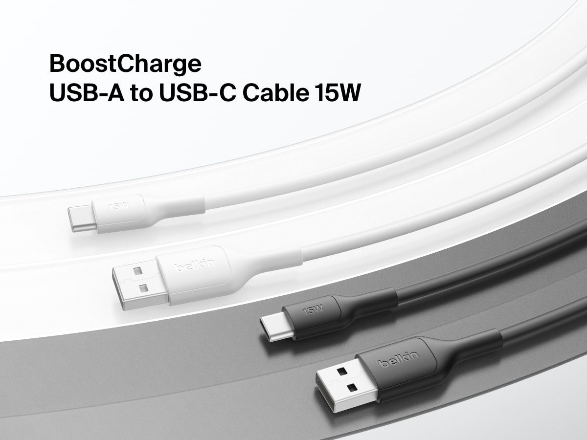 Image displaying black and white Belkin BoostCharge USB-A to USB-C Cables (15W), designed for fast, reliable charging and data transfer for USB-C devices.