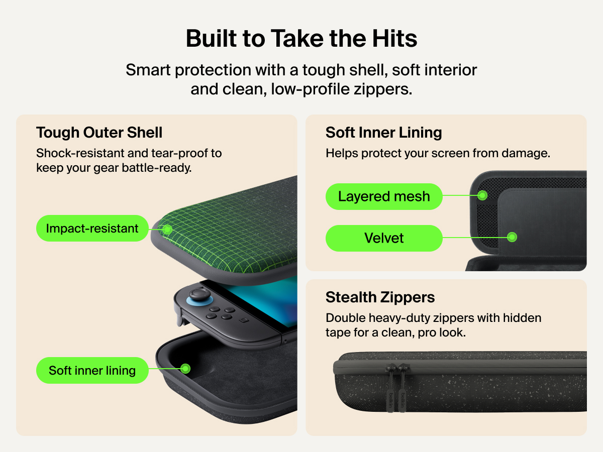 Belkin Gaming Charging Case for Nintendo Switch 2 features a shock-resistant outer shell, soft velvet-lined interior, layered mesh protection, and stealth zippers for durable, travel-ready protection.