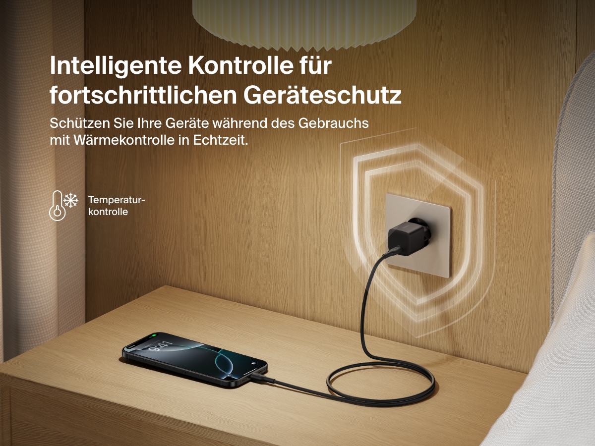 Belkin BoostCharge USB-C Wall Charger 25W plugged into a bedside outlet, showcasing real-time temperature monitoring for advanced device protection and safe charging.
