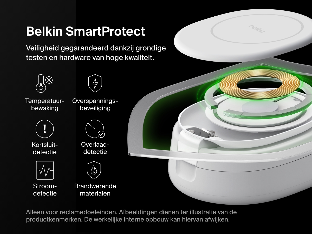 Belkin BoostCharge 2-in-1 Convertible Magnetic Charging Stand with Qi2 15W features SmartProtect safety with temperature monitoring, over-voltage protection, and fire-resistant materials.