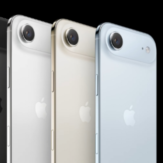 Three iPhone models in black, silver, gold, and light blue finishes shown side by side, highlighting their rear cameras and sleek design.