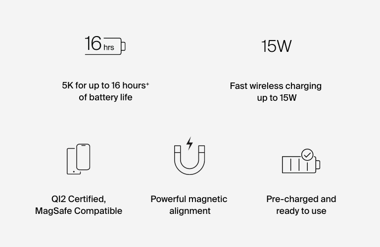外出先でのQi2充電ソリューションです。最新のワイヤレスマグネット式充電テクノロジーにより、最大15Wの電力を供給します。