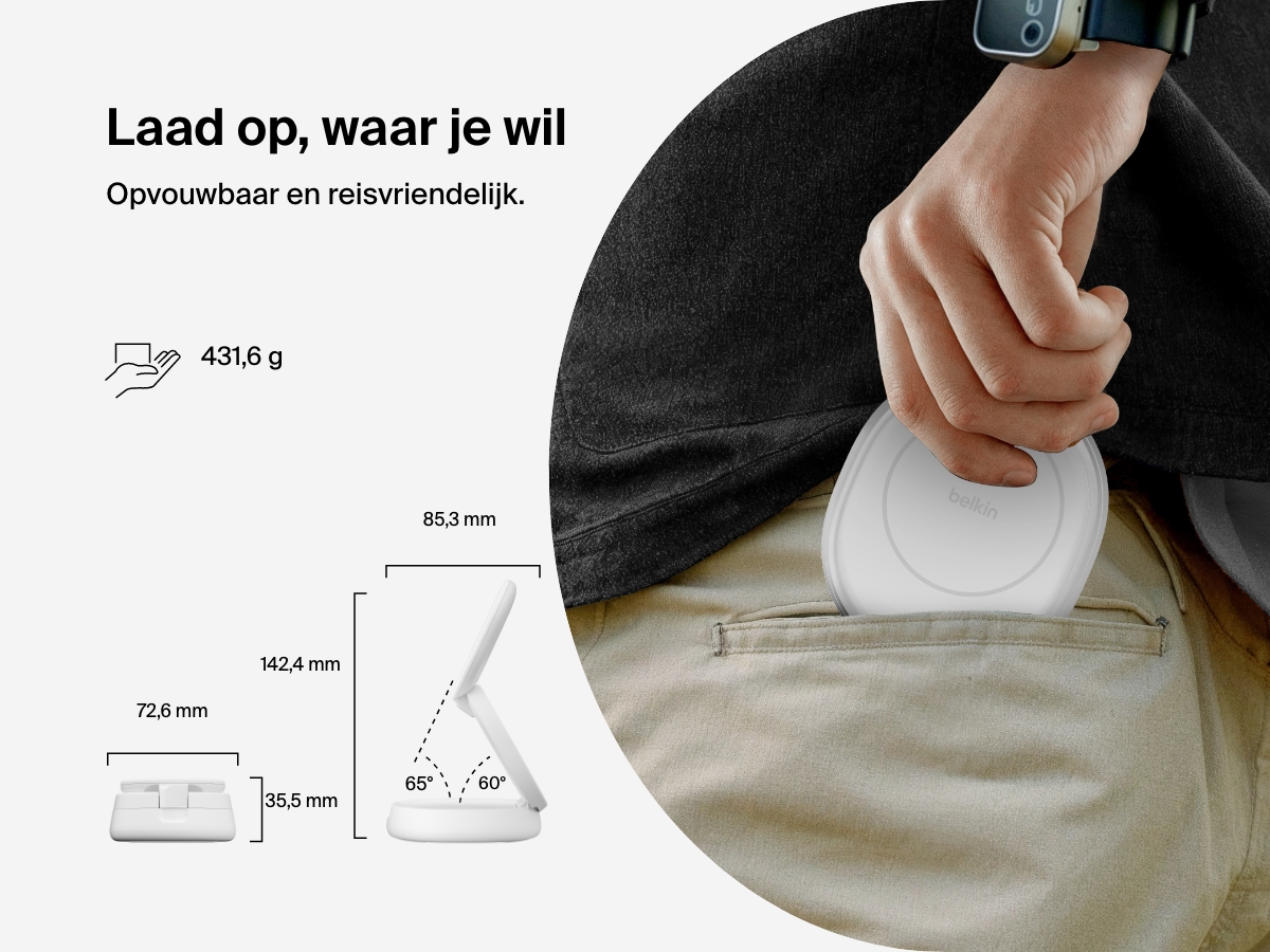 Belkin BoostCharge 2-in-1 Convertible Magnetic Charging Stand with Qi2 15W features a foldable, travel-friendly design that fits easily into a pocket for portable charging.