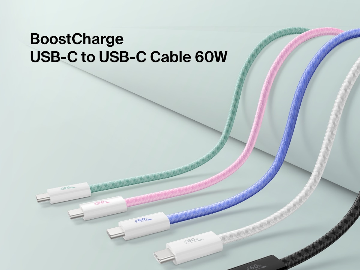 Image showing five color options (green, pink, blue, white, black) of the Belkin BoostCharge USB-C to USB-C Cable 60W, a fast-charging braided cable designed for USB-C devices.