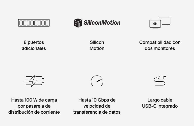 Belkin Connect hub USB-C Core universal 8 en 1 para dos pantallas con tecnolog&iacute;a Silicon Motion, compatible con Mac, Windows y Chromebook, PD de 100 W, 10 Gbps de transferencia y 1GbE Ethernet, plateado