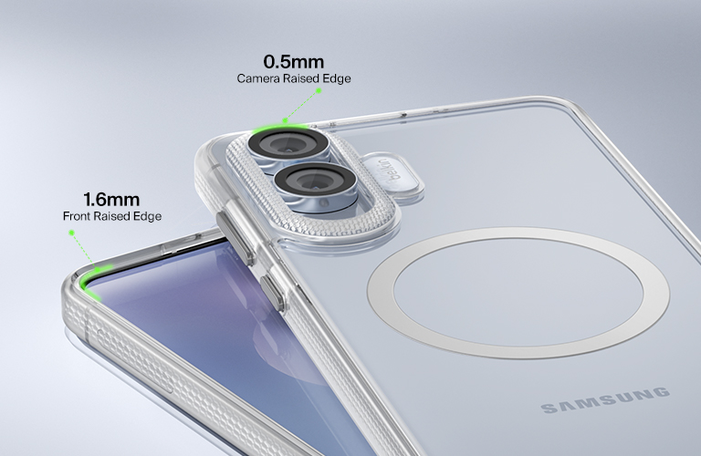 A close-up view of the SheerForce™ Magnetic iPhone Case, highlighting its raised edges for enhanced protection. The image showcases a 1.2mm camera raised edge and a 0.5mm front raised edge, designed to safeguard the screen and camera lenses from scratches and impacts. The transparent case maintains a sleek look while providing reliable protection.
