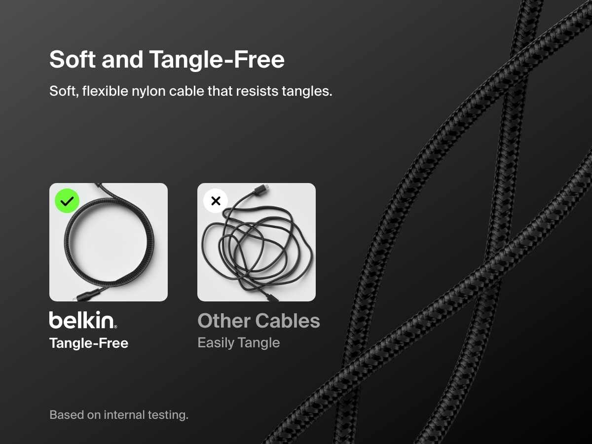 Belkin BoostCharge Pro USB-C Braided Cable with Lightning Connector features a soft, flexible nylon exterior designed to resist tangling for easy everyday use.