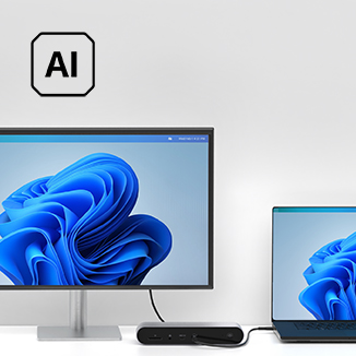 Belkin AI-enhanced setup featuring a desktop monitor, a docking station, and a laptop connected for a seamless multi-display experience, showcasing advanced technology integration.