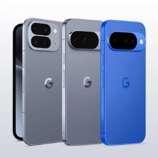 Google Pixel 10 series smartphones displayed in three colors—silver, gray, and blue—showcasing the back design with camera modules and the Google logo.