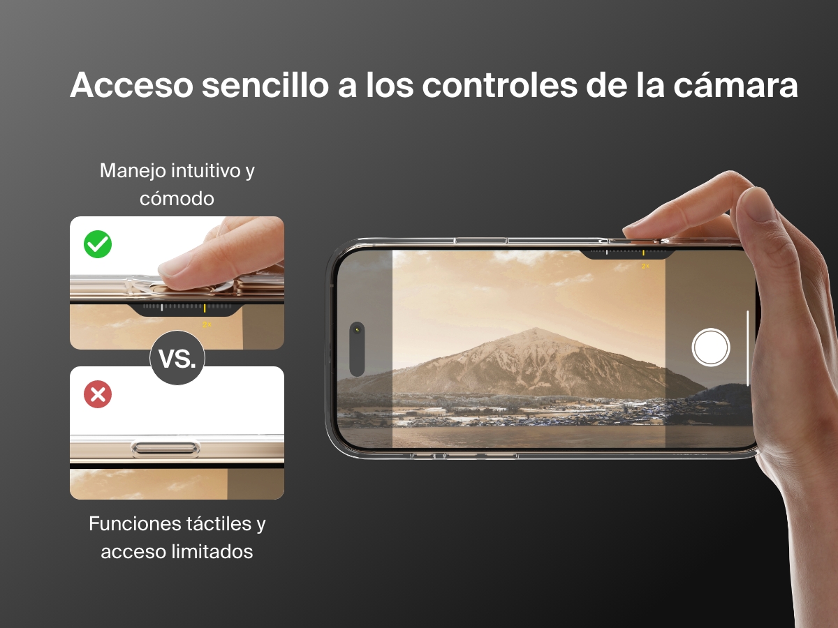 A demonstration of the SheerForce&trade; Magnetic iPhone Case's easy access to camera controls. The image compares the case&rsquo;s intuitive and convenient control with a competitor&rsquo;s design that limits touch functions and access. A hand is shown adjusting the camera zoom smoothly, highlighting the case's precise cutouts for an uninterrupted user experience.