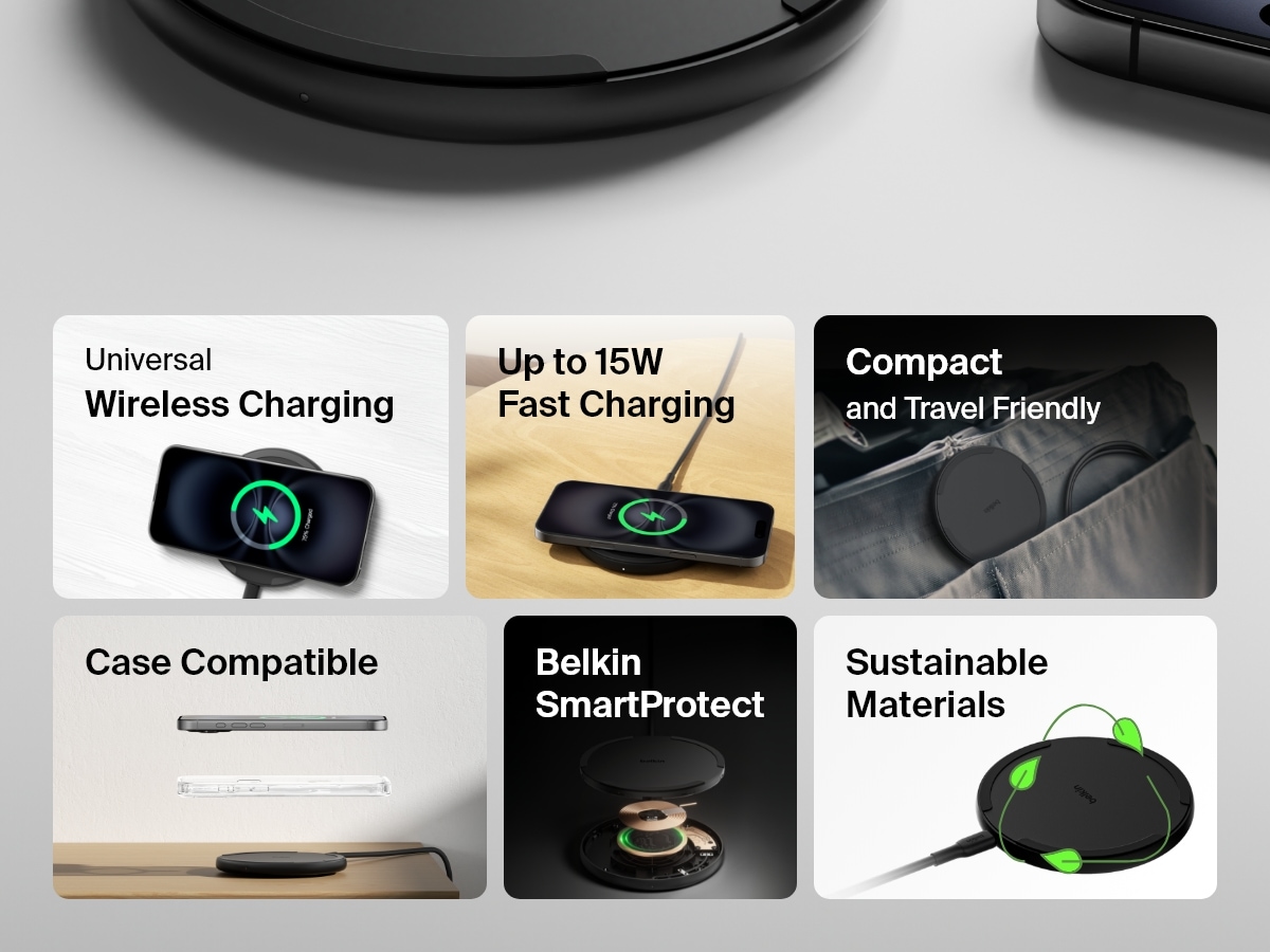 A black Belkin BoostCharge Wireless Charging Pad 15W is showcased with key features, including universal wireless charging, up to 15W fast charging, compact and travel-friendly design, case compatibility, Belkin SmartProtect technology, and sustainable materials, displayed in individual sections with corresponding images.