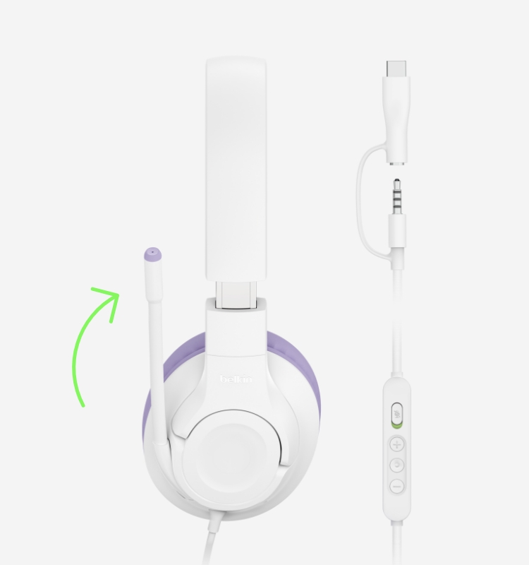 A side view of the headphones that shows the boom mic is adjustable.