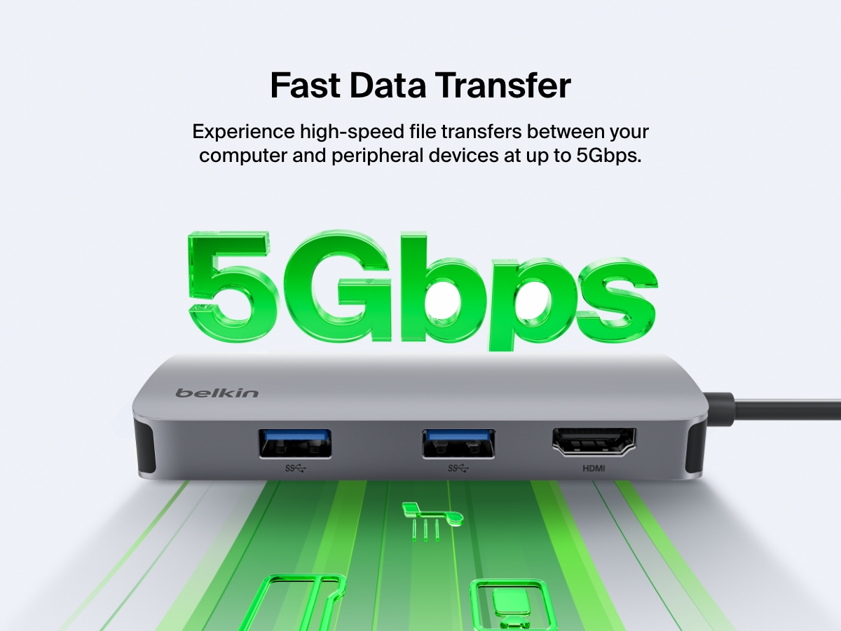A close-up image of the Belkin Connect USB-C 5-in-1 Multiport Hub highlights its fast data transfer capability of up to 5Gbps, with green digital icons and text emphasizing high-speed connectivity.