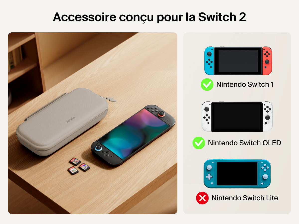 Belkin Gaming Charging Case shown next to Nintendo Switch 2 and game cards, with compatibility clearly marked for Switch 2 only&mdash;not compatible with Nintendo Switch 1, OLED, or Lite models.