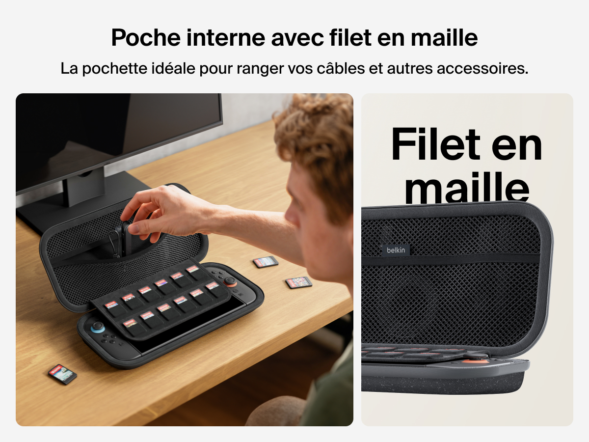 Un consommateur ouvre la pochette de transport Belkin Gaming pour Nintendo&nbsp;Switch&nbsp;2 pour acc&eacute;der &agrave; la poche interne avec filet en maille qui est id&eacute;ale pour ranger des c&acirc;bles et des petits accessoires, et pour acc&eacute;der aux compartiments de rangement pour cartes de jeux.