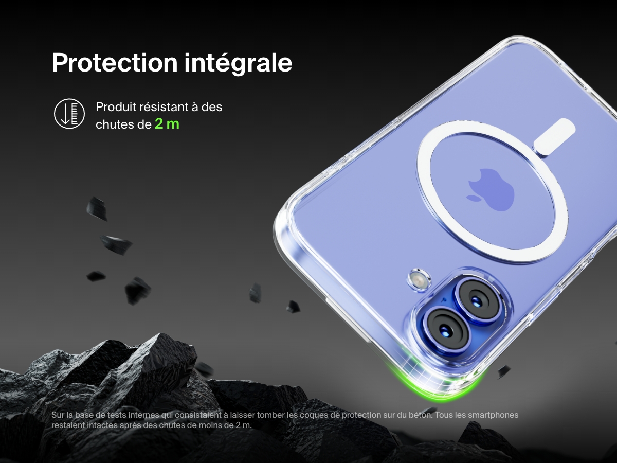 A SheerForce&trade; Magnetic iPhone Case falling onto a rocky surface, emphasizing its 2-meter drop protection. The text highlights the case's durability and ability to withstand drops from up to 2 meters, based on internal drop tests on concrete. The image conveys a rugged, protective design, ensuring enhanced impact resistance for your iPhone.