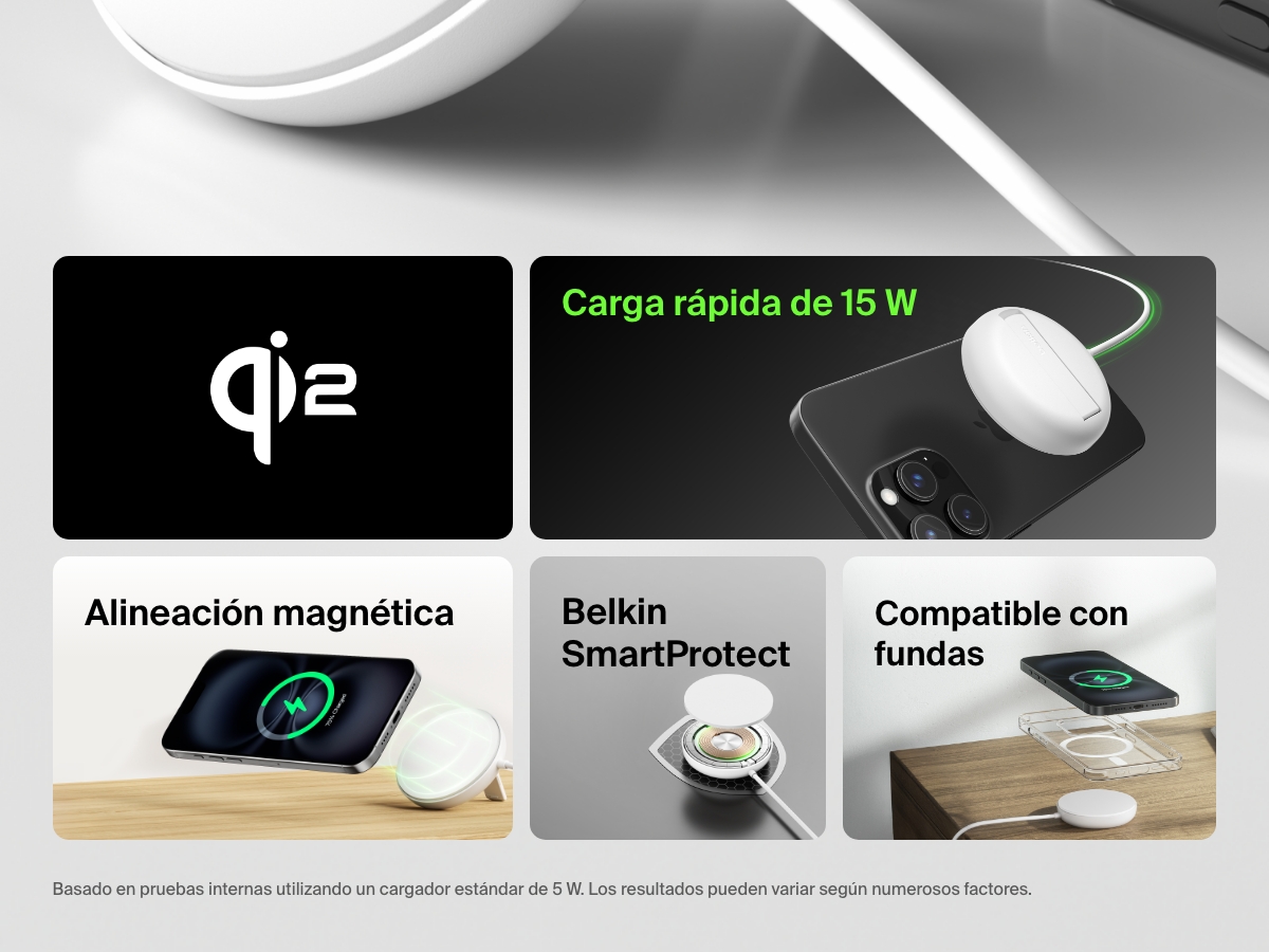 Infograf&iacute;a en la que se resaltan las funciones de la base magn&eacute;tica de carga inal&aacute;mbrica con Qi2 de 15 W BoostCharge Pro de Belkin, como la carga r&aacute;pida de 15 W, la alineaci&oacute;n magn&eacute;tica, el sistema Belkin SmartProtect y la compatibilidad con fundas de tel&eacute;fono.