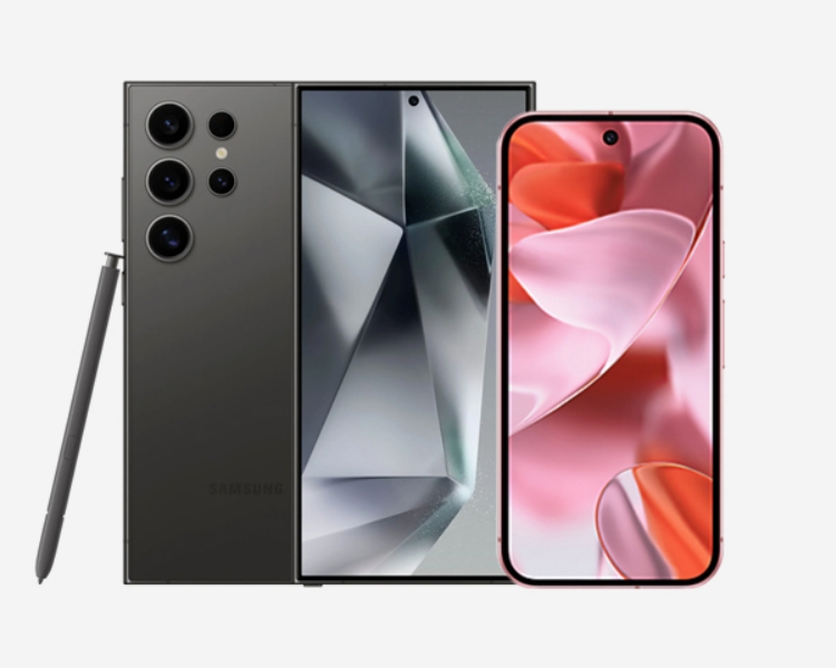 一对并排展示的现代 Samsung 智能手机。左边的手机有一个大屏幕、多个后置摄像头，旁边还有一支 S Pen 手写笔。右侧的手机设计时尚，配有居中前置摄像头和鲜艳的粉红色抽象壁纸。背景是干净的浅灰色。