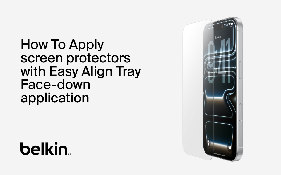 Instructional graphic showing a smartphone with a screen protector being applied, alongside text: 'How to apply ScreenForce screen protectors with Easy Align tray Face-down application.' Belkin logo at the bottom.