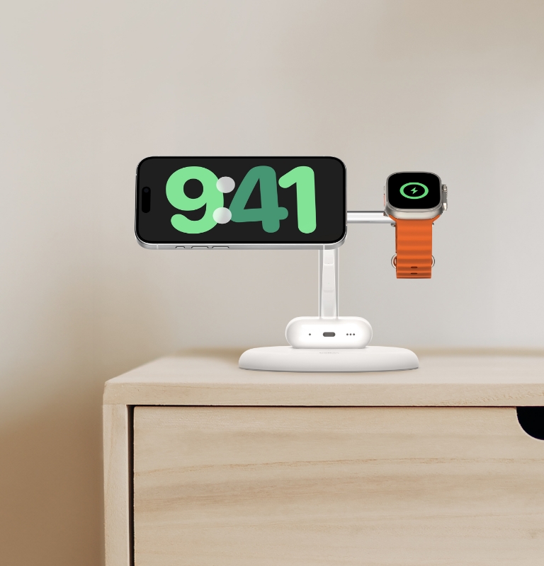 iPhone, AirPods ve Apple Watch için hızlı, kablosuz Qi2 (15W) özelliğine sahip 3'ü 1 arada şarj istasyonu