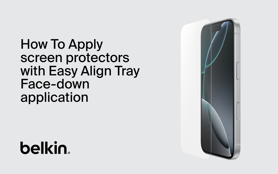 Belkin promotional image showing how to apply a screen protector with the Easy Align Tray face-down application. The graphic includes text instructions on the left and an iPhone on the right with a screen protector aligned above it.