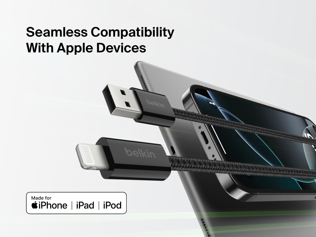 Belkin BoostCharge USB-A Cable with Lightning Connector shown alongside Apple devices, emphasizing seamless compatibility with iPhone, iPad, and iPod for reliable charging and data transfer.