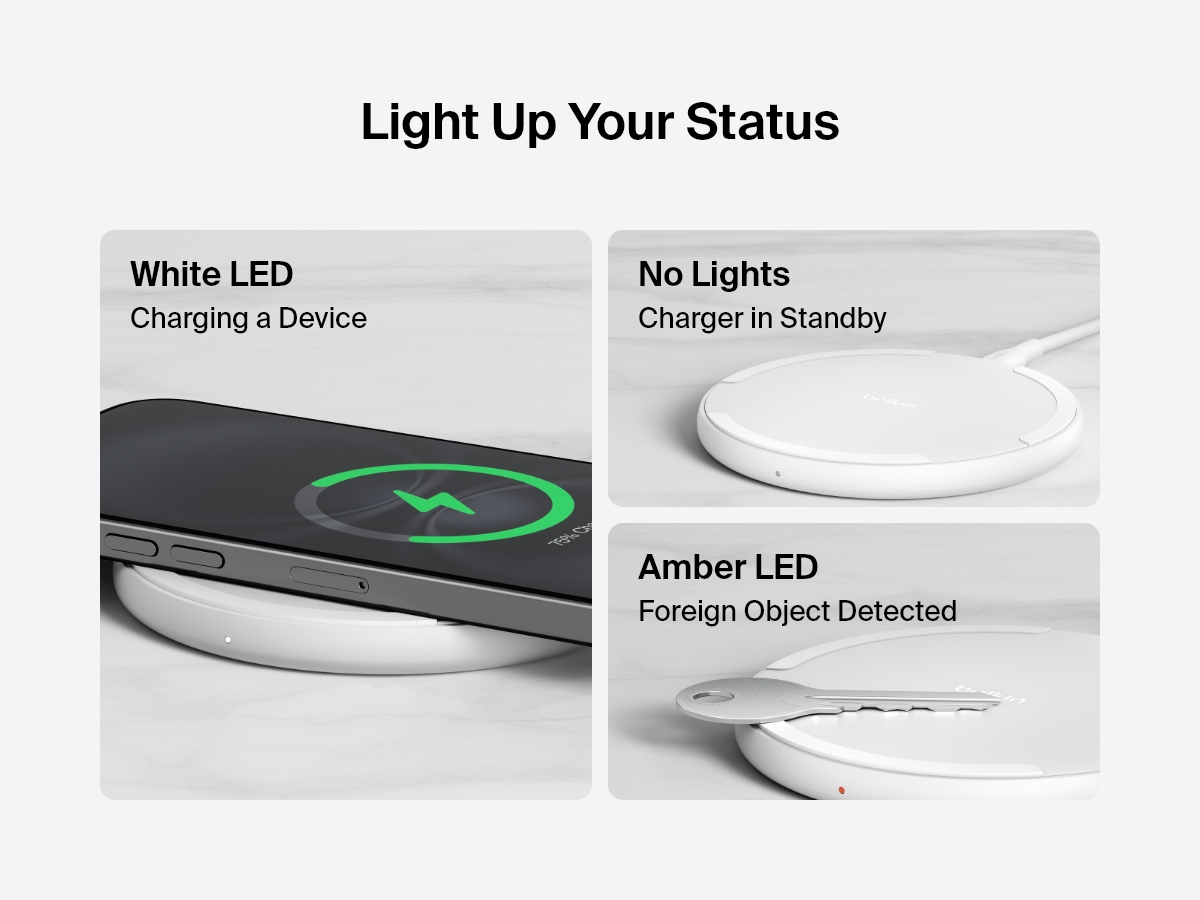 A white Belkin BoostCharge Wireless Charging Pad 15W is shown with three LED status indicators: a white LED for charging a device, no lights for standby mode, and an amber LED for foreign object detection, demonstrated with a key placed on the pad.