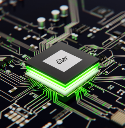 A close-up digital rendering of a GaN (Gallium Nitride) chip on a circuit board, glowing with green light. The image highlights the advanced semiconductor technology used in GaN chargers, which enables faster charging, improved energy efficiency, and compact designs compared to traditional silicon-based chargers.