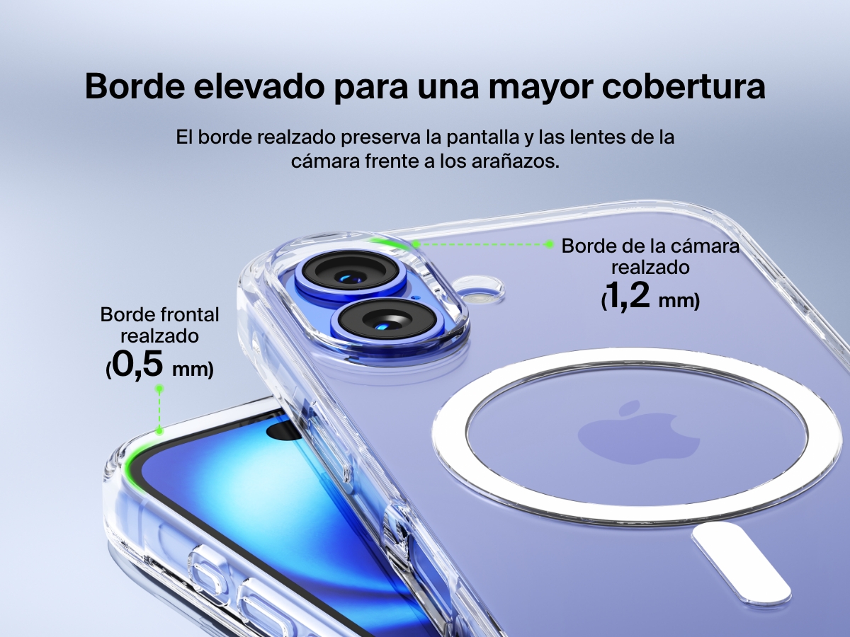 A close-up view of the SheerForce&trade; Magnetic iPhone Case, highlighting its raised edges for enhanced protection. The image showcases a 1.2mm camera raised edge and a 0.5mm front raised edge, designed to safeguard the screen and camera lenses from scratches and impacts. The transparent case maintains a sleek look while providing reliable protection.
