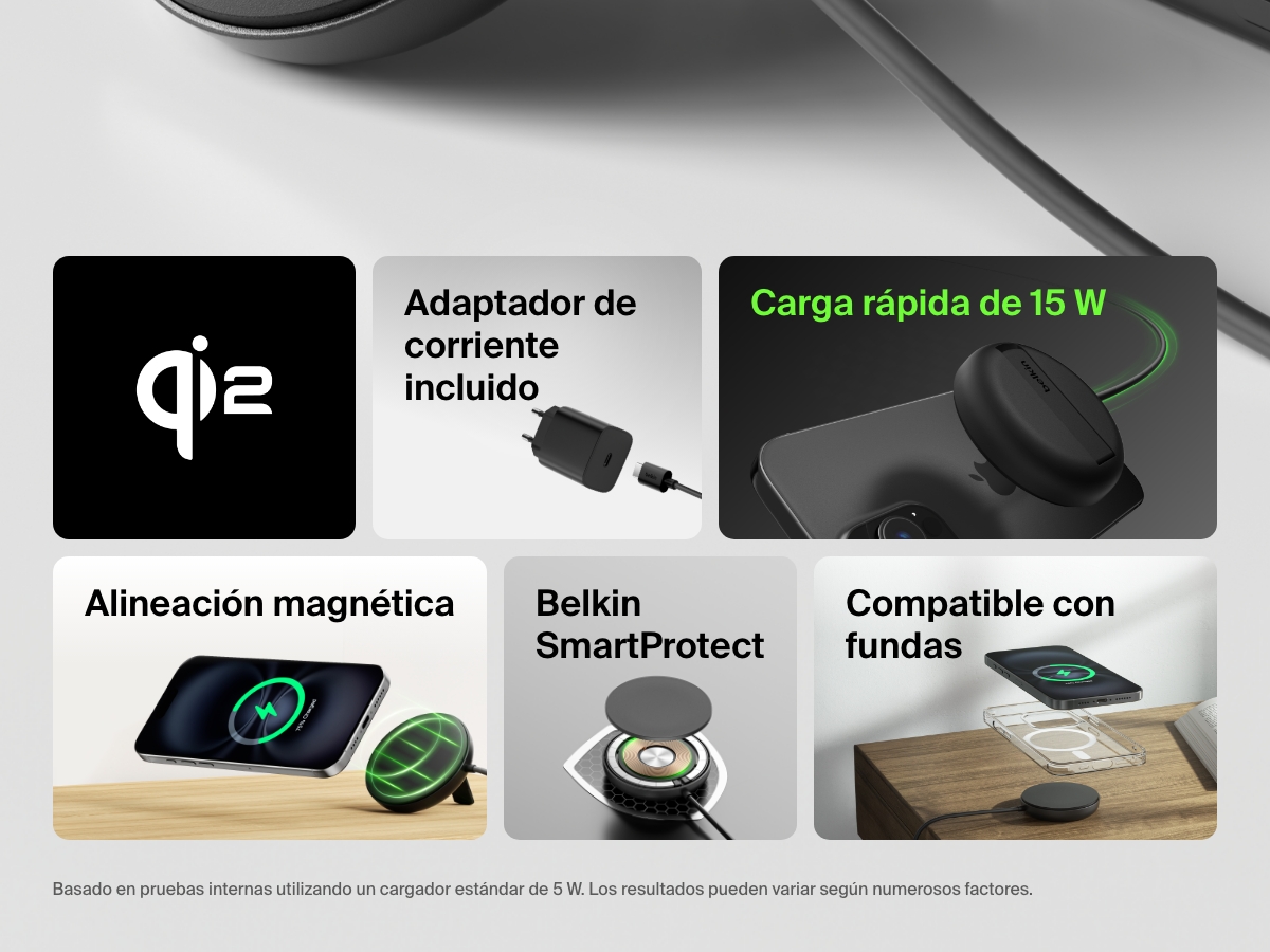 Sumario de las caracter&iacute;sticas principales de la base magn&eacute;tica de carga inal&aacute;mbrica con Qi2 de 15 W BoostCharge Pro de Belkin de color negro, resaltando la certificaci&oacute;n Qi2, la fuente de alimentaci&oacute;n incluida, la carga r&aacute;pida de 15 W, la alineaci&oacute;n magn&eacute;tica, el sistema de seguridad Belkin SmartProtect y la compatibilidad con fundas.
